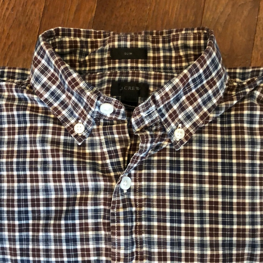 J. Crew slim brown navy plaid shirt.